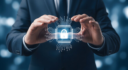 Man in suit presents digital security concept with glowing padlock on chip symbolizing cybersecurity data protection and network safety in the modern digital landscape for business