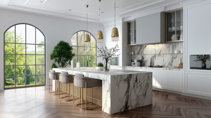 Luxury Kitchen Oasis: A bright and airy kitchen space with a large island, elegant countertops, and modern appliances, offering a sense of sophisticated domesticity and culinary potential.