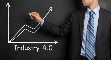 Businessman drawing industry 4.0 growth chart on blackboard with chalk showcasing business strategy and financial success in a modern corporate environment with a focus on innovation and technology