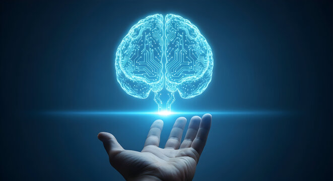 Digital brain illustration above a hand representing artificial intelligence technology neuroscience and futuristic concepts on a dark blue background with glowing light effects