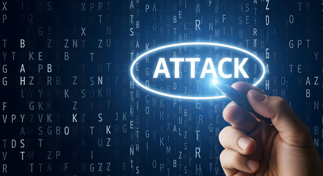 Hand pointing to the word attack highlighted on a digital screen with a background of random letters representing cybersecurity threats and vulnerabilities in the digital world protection