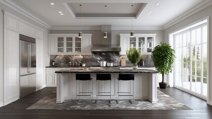 Modern Kitchen: A high-end kitchen showcases a sleek aesthetic with a central island and a blend of modern appliances, perfect for culinary endeavors.