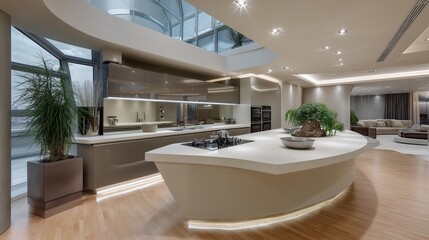 Modern Kitchen Interior: An impressive contemporary kitchen space with an island, sleek design, and panoramic windows, creating a bright, spacious, and sophisticated area.