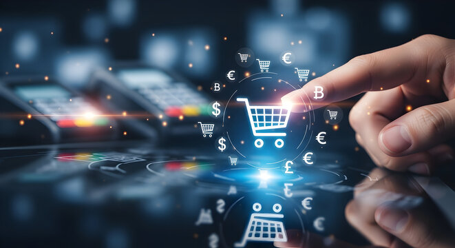 Digital Shopping Cart Icon with Currency Symbols and Finger Interaction.