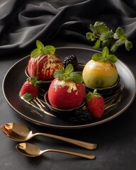 Delectable Fruit Temptations: Exquisite fruit desserts, adorned with vibrant colors and delicate mint leaves, tantalize the senses on a stylish, dark plate, creating a visual symphony of flavors. 
