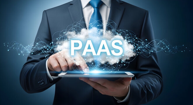 Businessman presenting paas platform as a service cloud technology on tablet with digital network connections for scalable solutions and innovative it infrastructure management