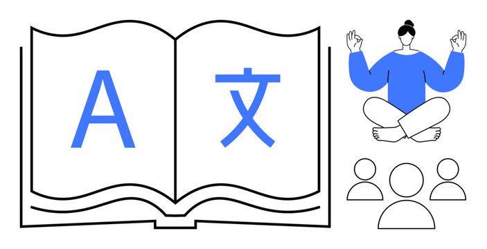 Open book with letter A and Chinese character, meditating person seated cross-legged, and three group figures. Ideal for multilingual learning, mindfulness, education, calm focus, community