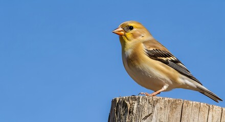 American Goldfinch Perched on Weathered Wooden Post Against Clear Blue Sky.