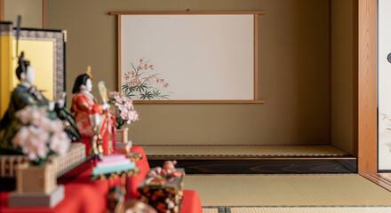 Tokonoma with plain panel and blurred part of hina display, natural light