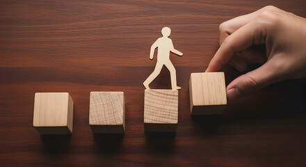Wooden figure walking up blocks representing growth and progress with a hand placing the next block on a wooden surface symbolizing career advancement and personal development