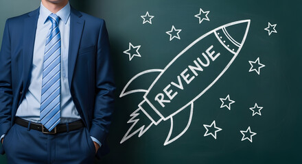 Businessman stands beside a chalkboard drawing of a rocket with the word revenue written on it surrounded by stars symbolizing business growth and financial success in a corporate setting