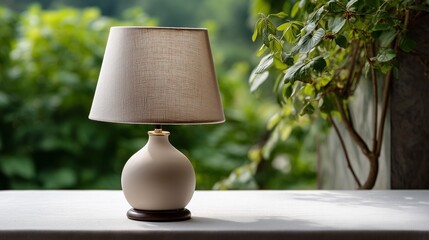 Serene Lamp Display: A vintage table lamp casts a gentle glow against a verdant backdrop, creating a soothing ambiance perfect for relaxation. 