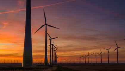 Obraz premium Wind Farm at Sunset with Vibrant Sky, Capturing Calm Cinematic Atmosphere and Sustainable Energy Landscape