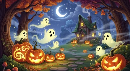 Spooky Halloween Night - Ghosts, Pumpkins, and Haunted House.