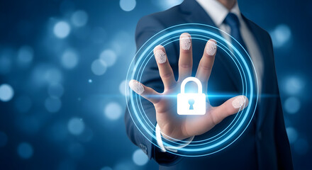Businessman activating digital security with fingerprint scan and padlock on a blue background representing cybersecurity data protection and access control with modern technology