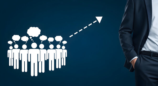 Business team collaboration and growth concept with a group of people icons thought bubbles and an upward arrow symbolizing teamwork innovation and success in a corporate environment