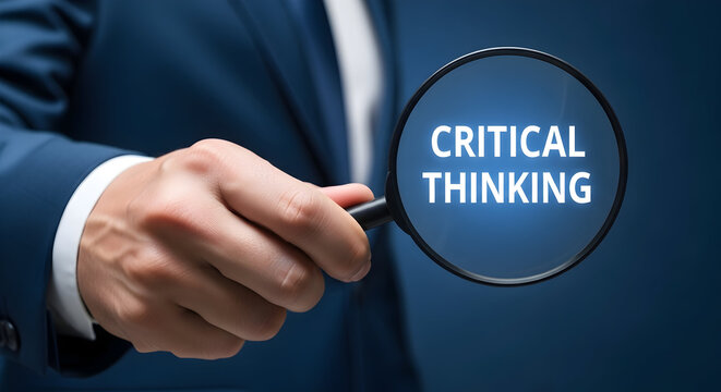 Magnifying glass highlights critical thinking concept showcasing analysis problem solving and strategic decision making in business and education contexts for enhanced skills and success