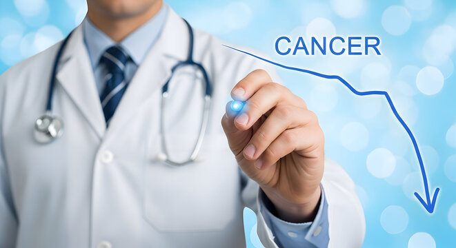 Doctor in lab coat points to a downward trending graph labeled cancer symbolizing medical breakthroughs and improved treatment outcomes in oncology research and healthcare advancements