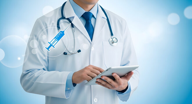 Doctor in white coat uses tablet with medical syringe graphic overlay for healthcare solutions and digital health records management in a modern hospital setting for patient care