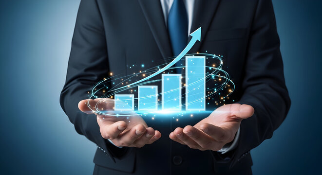 Businessman presents a glowing growth chart with an upward arrow symbolizing success and financial progress held in his hands against a blue background indicating positive trends and investment opport