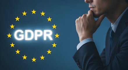 Man contemplates gdpr compliance with european union stars focusing on data protection and privacy regulations for business legal and technology sectors in a global context
