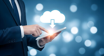 Businessman uses a digital tablet for cloud computing and data transfer showcasing technology and connectivity in a modern business environment with a sleek design and professional attire for efficien