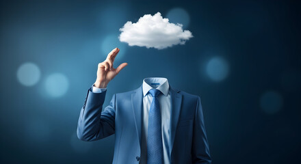 Headless businessman in a suit reaches for a cloud symbolizing cloud computing data storage and the ethereal nature of modern technology and digital transformation in business today