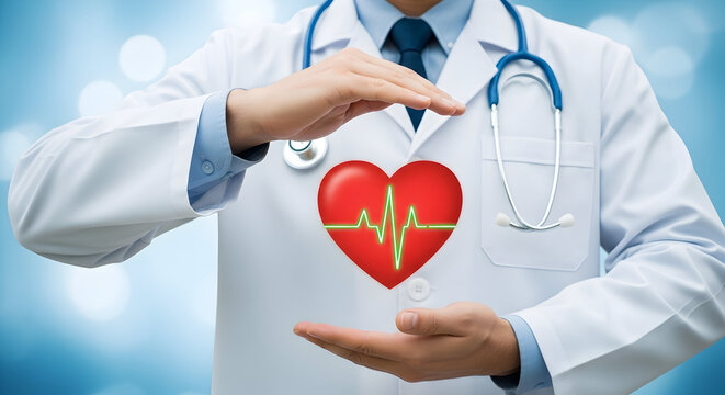 Doctor protects a red heart with a green heartbeat line symbolizing cardiac care and health insurance showcasing medical expertise and a commitment to cardiovascular wellness and preventative medicine - Powered by Adobe