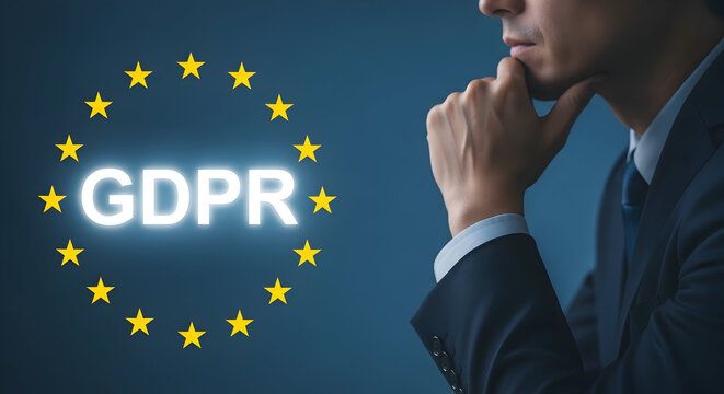Man contemplates gdpr compliance with european union stars focusing on data protection and privacy regulations for business legal and technology sectors in a global context - Powered by Adobe