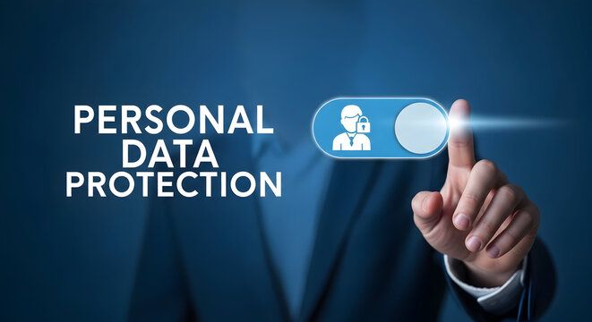 Personal data protection concept with a businessman in a suit activating security settings on a digital interface ensuring privacy and compliance with data protection regulations for online safety