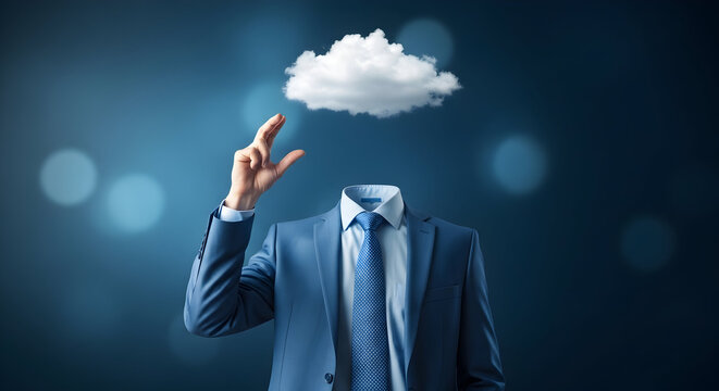 Headless businessman in a suit reaches for a cloud symbolizing cloud computing data storage and the ethereal nature of modern technology and digital transformation in business today