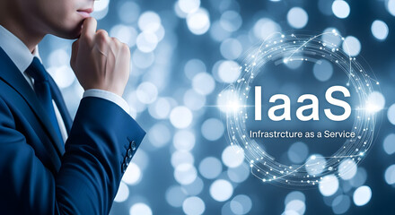 Thoughtful businessman considers infrastructure as a service (iaas) solutions for cloud computing and digital transformation in a modern technology driven business environment