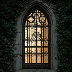 Ornate Gothic Window with Ironwork and Ivy-Covered Stone.