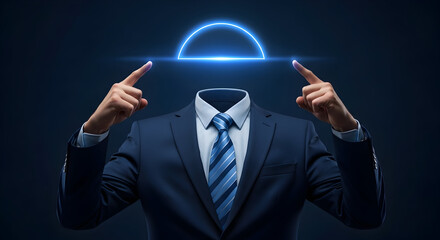 Headless businessman in a suit points to a glowing semicircle above representing innovation ideas and futuristic concepts in business and technology against a dark background