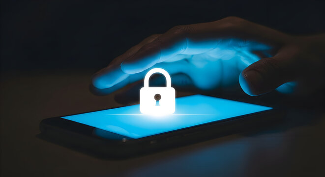 Hand interacts with a smartphone displaying a glowing padlock symbol representing mobile security data protection and secure access in a digital world with advanced encryption technology - Powered by Adobe