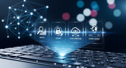 Digital Transformation and Cloud Computing Technology Hologram Displayed Over Laptop Keyboard.