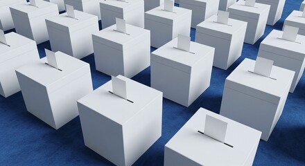 Rows of identical white ballot boxes representing democratic elections and collective choices