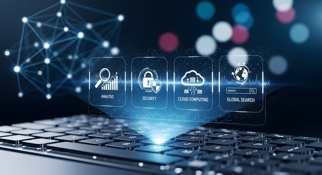Digital Transformation and Cloud Computing Technology Hologram Displayed Over Laptop Keyboard.