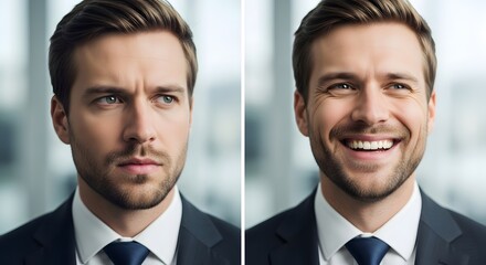 A professional young man in formal attire displaying contrasting facial expressions, one serious and the other smiling, against a blurred modern office background