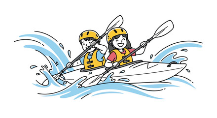 Two children kayaking together in rough waters with paddles and life jackets