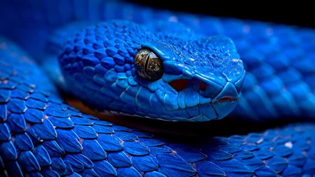 Close-up of a striking blue viper with intricate scales and piercing eyes, showcasing its unique beauty and venomous nature.