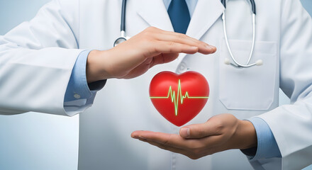 Doctor protects a red heart with a green heartbeat line symbolizing healthcare cardiology and wellness in a medical setting promoting health awareness and preventative medicine