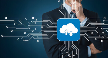 Cloud computing concept with a businessman in a suit showcasing data transfer and network connections for modern technology solutions and digital transformation strategies in business