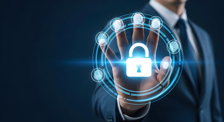 Businessman secures digital access with fingerprint authentication and padlock representing cybersecurity and data protection in a modern technology environment emphasizing privacy and safety