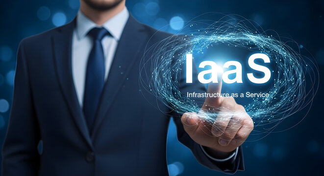 Businessman in a suit presents infrastructure as a service (iaas) with a digital interface and glowing lines showcasing cloud computing and modern technology solutions for business growth and innovati