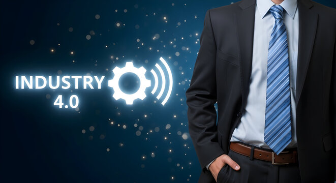 Industry 4.0 concept with a businessman in a suit representing automation iot and digital transformation in manufacturing and business showcasing technology and innovation for the future