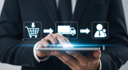 Businessman showcases supply chain process on tablet highlighting shopping cart delivery truck and customer service icons for ecommerce logistics and online retail solutions