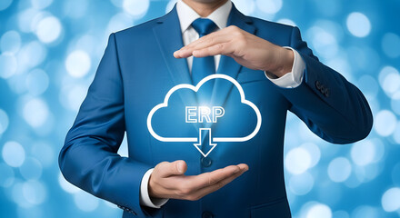 Businessman presents erp cloud solution with hands in a blue suit on a bokeh background showcasing enterprise resource planning for business management and data integration services