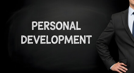 Personal development message on a chalkboard with a businessman in a suit standing next to it representing growth selfimprovement and professional success in a corporate setting