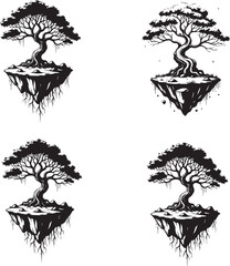 Floating Bonsai Tree Silhouettes – Minimalist Black & White Vector Icons of Surreal Nature and Growth